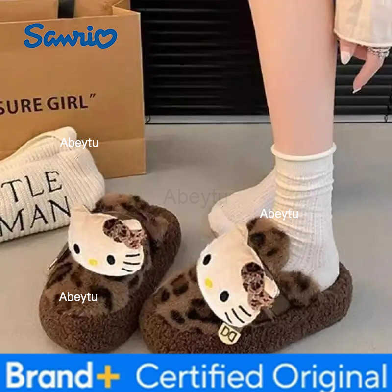 Sanrio Anime Hello Kitty Leopard Print Fur Slippers Kawaii Indoor Comfortable Non-Slip Slippers Cute Cotton Shoes Cartoon House Shoes H251230