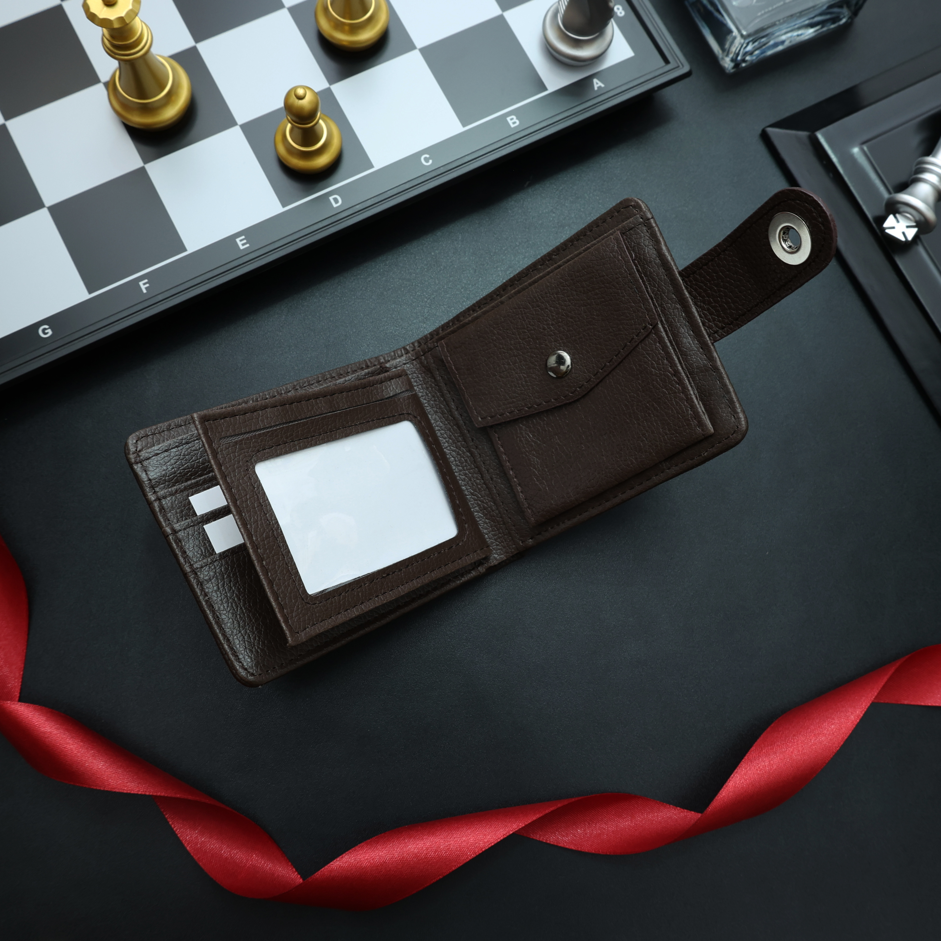 Wallets Men's Short Bifold Wallet with Metal Snap - Black/Brown Pebbled Faux Leather Card Holder (with Leather Tab) 208-19