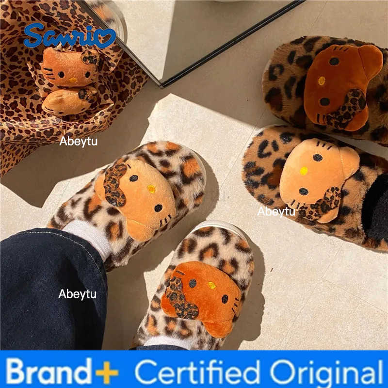 Sanrio Hello Kitty Leopard Print Stuffed Cotton Slippers Y2K Kitty Cat Winter Warmth Cotton Shoes Room Stuffed Home Slippers H251230