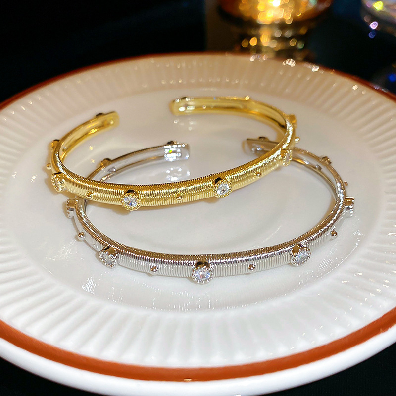 Real Gold Plated Zircon Brushed Vintage Palace Open Bracelet European and American Light Luxury Elegant Fashion New Hand Jewelry - view 5