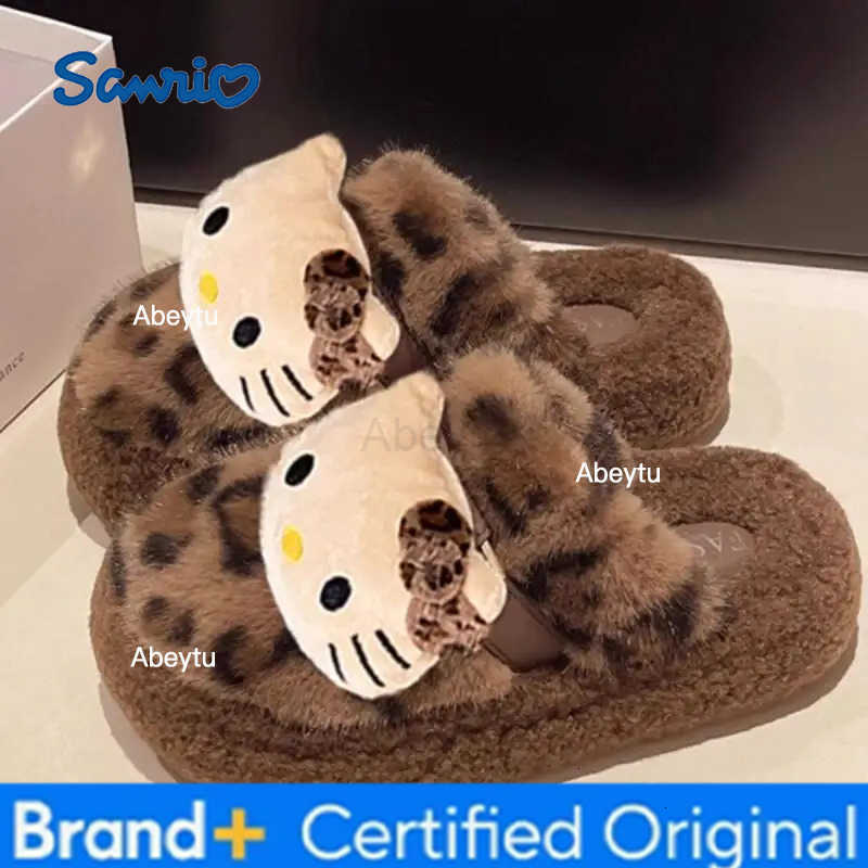 Sanrio Anime Hello Kitty Leopard Print Fur Slippers Kawaii Indoor Comfortable Non-Slip Slippers Cute Cotton Shoes Cartoon House Shoes H251230