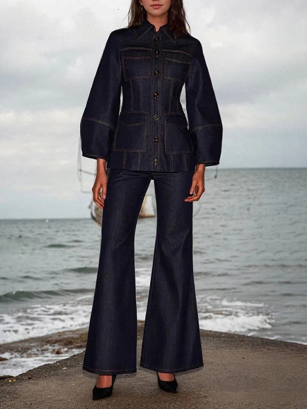 Krisstar Vintage Denim 2 Piece Pants Set Outfits Jacket and Jeans 2025 Autumn Winter Woman Pockets Denim Sets Clothing 251230