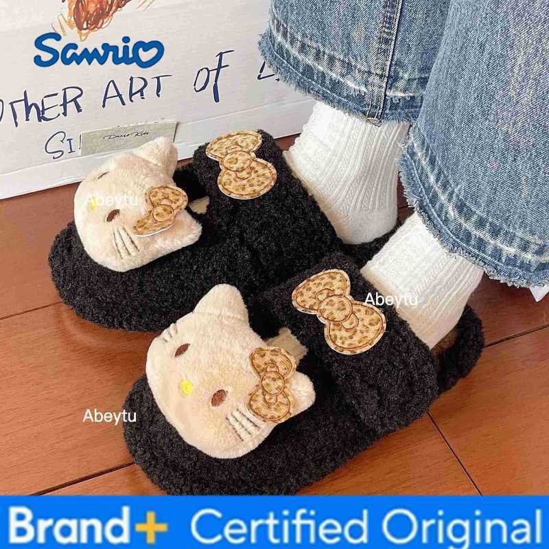 Sanrio Leopard Print Hello Kitty Slippers Anime Home Plush Slippers Anime Winter Warm Outdoor Ladies Slippers Girl Gift Shoes H251230