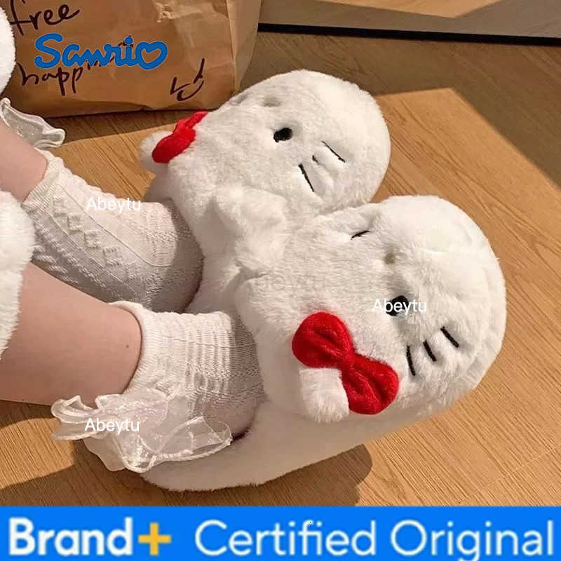 Sanrio Cartoon Hello Kitty Plush Slippers Cute KT Cat Y2K Indoor Warm Casual Non-Slip Cotton Shoes Winter Girls Home Shoes Gift H251230
