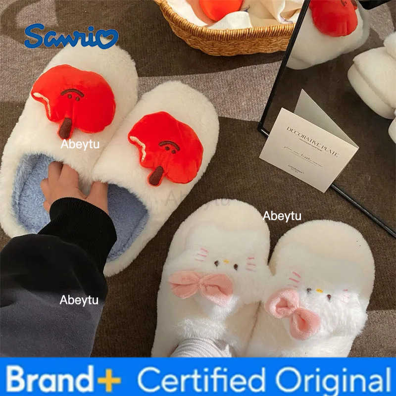 Sanrio Original Cartoon Apple Cat Plush Slippers Winter Warm Indoor Home Anti-Freeze Fuzzy House Shoes H251230