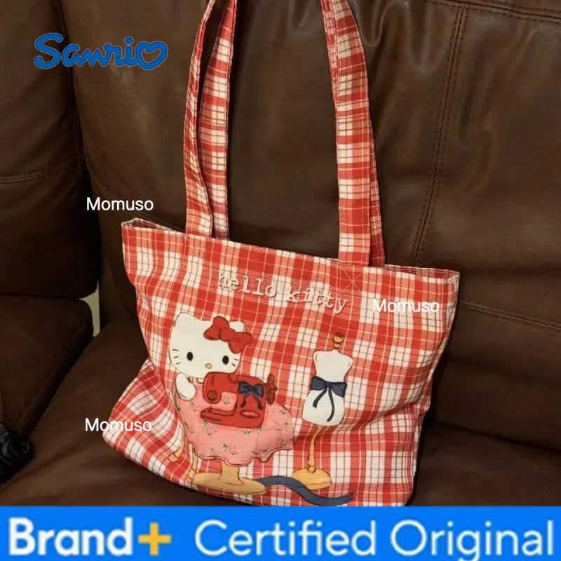 Sanrio Kawaii Hello Kitty Cute Cartoon Red Checkered Canvas Storage Bag Student One Shoulder Handbag Girl Birthday Creative Gift H251230
