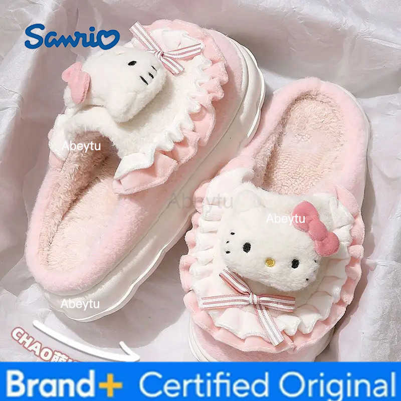 Sanrio Sanrios Kuromi Cotton Slippers Womens Hello Kittys Autumn Winter Home Anti Slip Cute Cinnamoroll Cartoon Plush Shoes Thickened H251230
