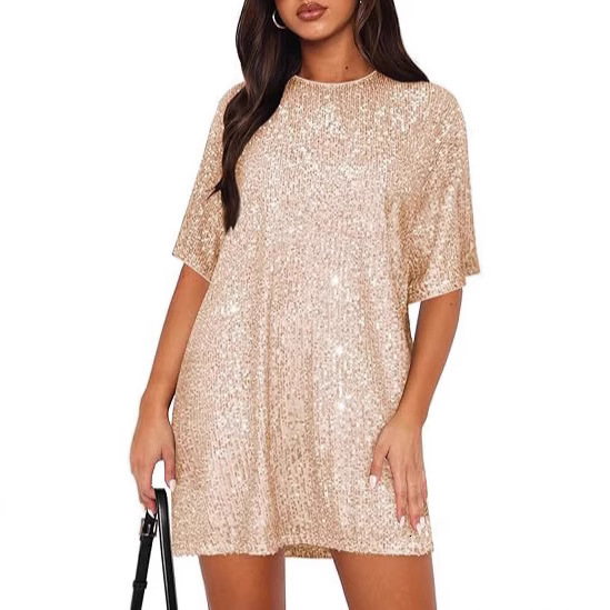 2025 Round Neck Womens Sequin Dress Sexy Shiny T-Shirt Short Sleeve Loose Party Dress 230321