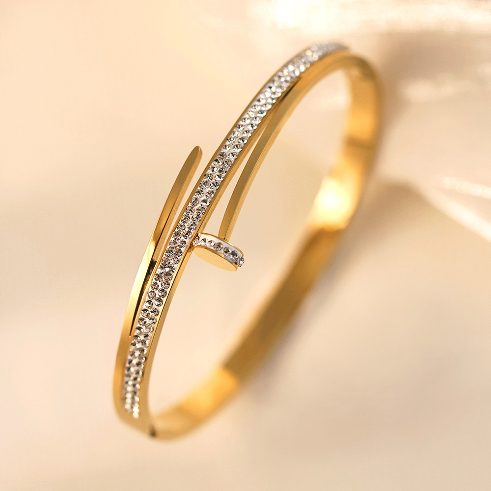 Luxury Brand Designer Jewelry Women's Wholesale Electroplated Gold Women's High-End Non-Fading Jewelry Nail With Rhinestone Steel Bracelet - view 8