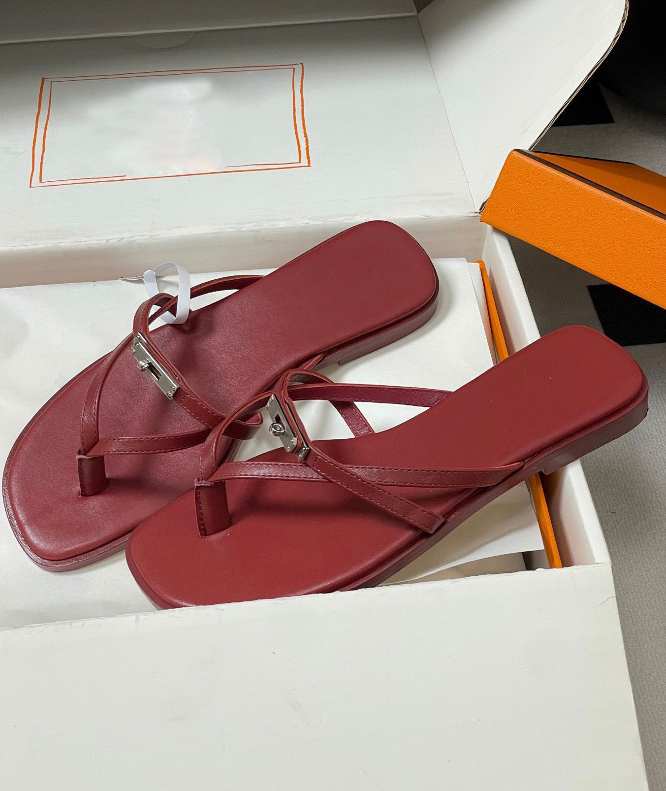 Summer Brand Wear Sunset Women Miss Sandals Shoes Calfskin Leather Palladium-plated Buckle Slide Flats Comfort Easy-go Lady Walking EU35-43