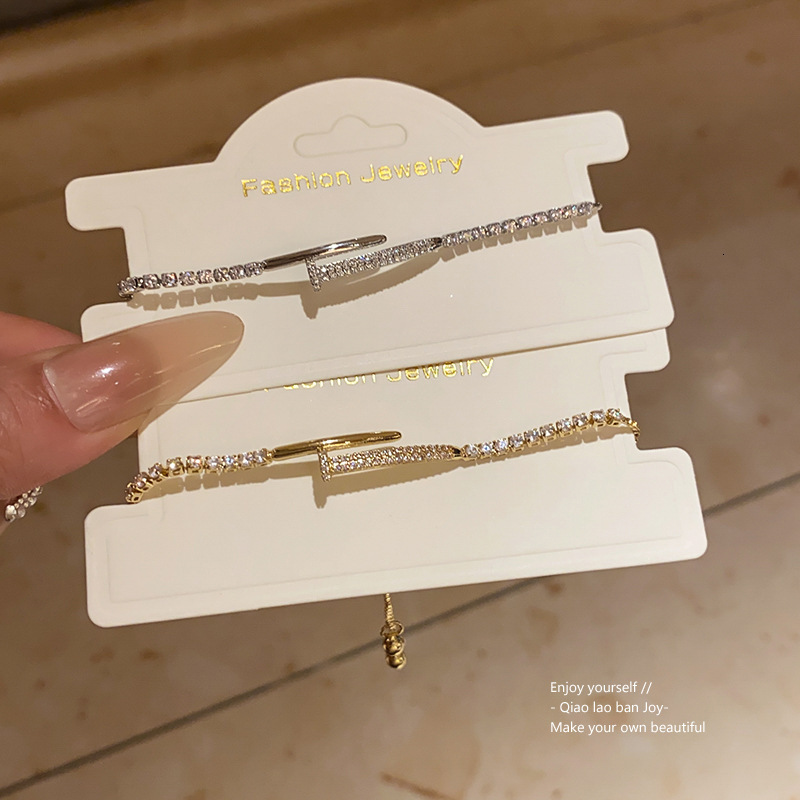 Luxury Brand Designer Jewelry Real Gold Plated Zircon Nail Geometric Adjustable Bracelet Simple High-End Elegant Commuter Bead Versatile