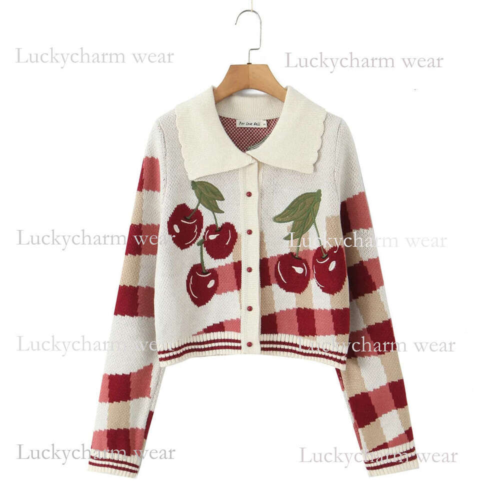 Autumn New Turn-Down Collar Knitted For Women Single-Breasted Cherry Embroidery Jacquard Short Long-Sleeve Cardigan Sweater