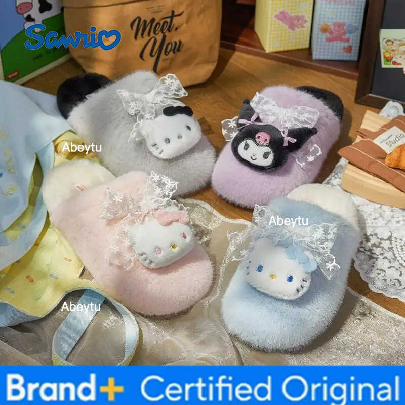 Sanrio Hello Kitty Kuromi Autumn Winter Cartoon Girl Cotton Slippers Fleece-Lined Keep Warm Non-Slip Comfortable Parent-Child Slippers H251230