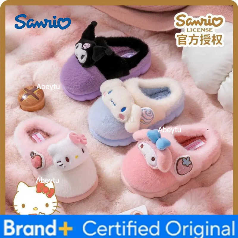 Sanrio Kawaii Hello Kitty Fluffy Slippers Sanrios Kids Women Winter Shoes Anime My Melody Cute Anti Slip Indoor Plush Cotton Slippers H251230