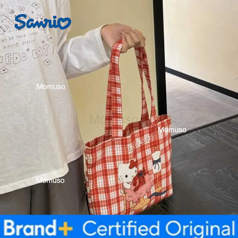 Sanrio Kawaii Hello Kitty Cute Cartoon Red Checkered Canvas Storage Bag Student One Shoulder Handbag Girl Birthday Creative Gift H251230