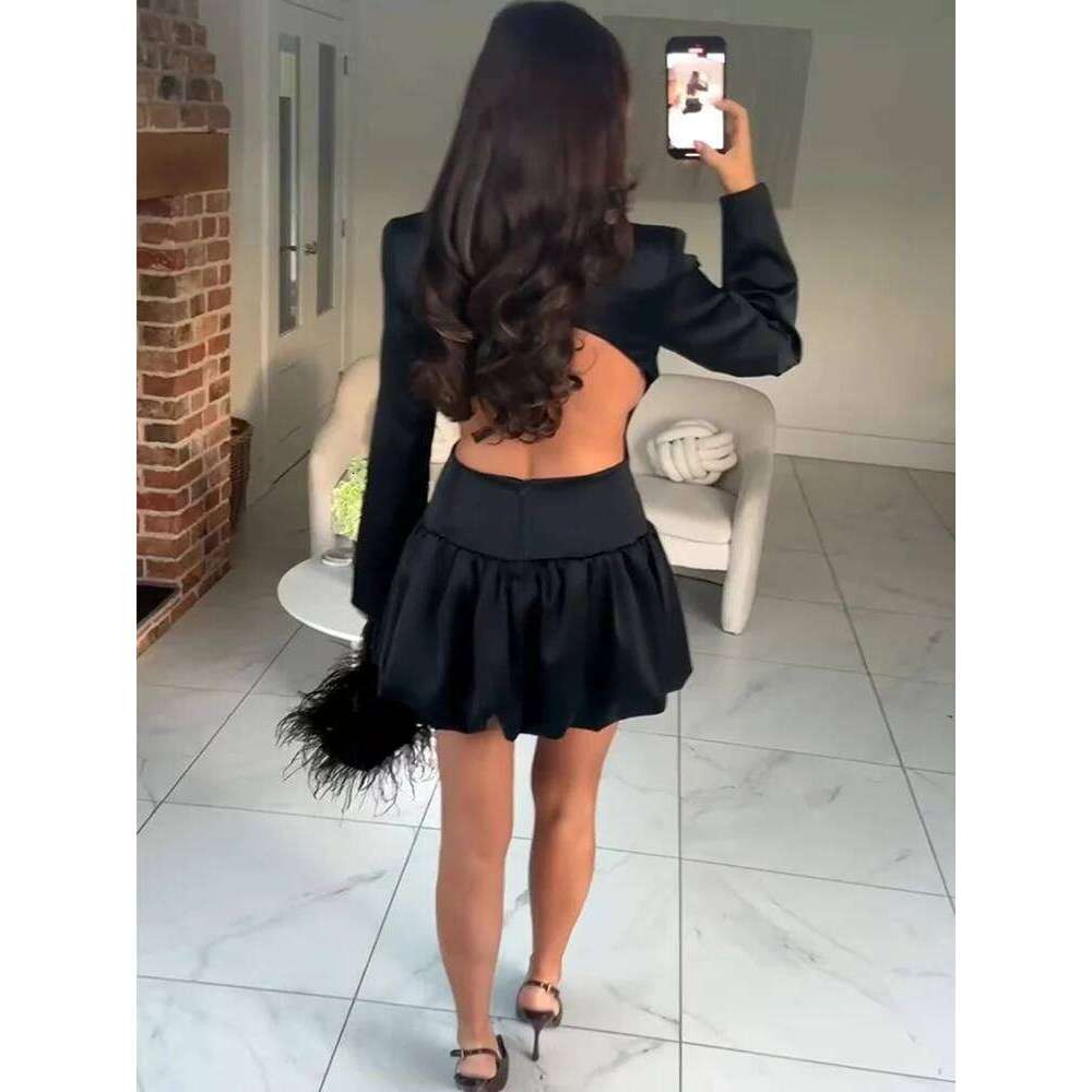 TFMLN Women Cut Out Ball Gown Dress Sexy Deep V Neck Long Sleeve Casual Party Mini Dresses Fashion Backless Clothing Luxury