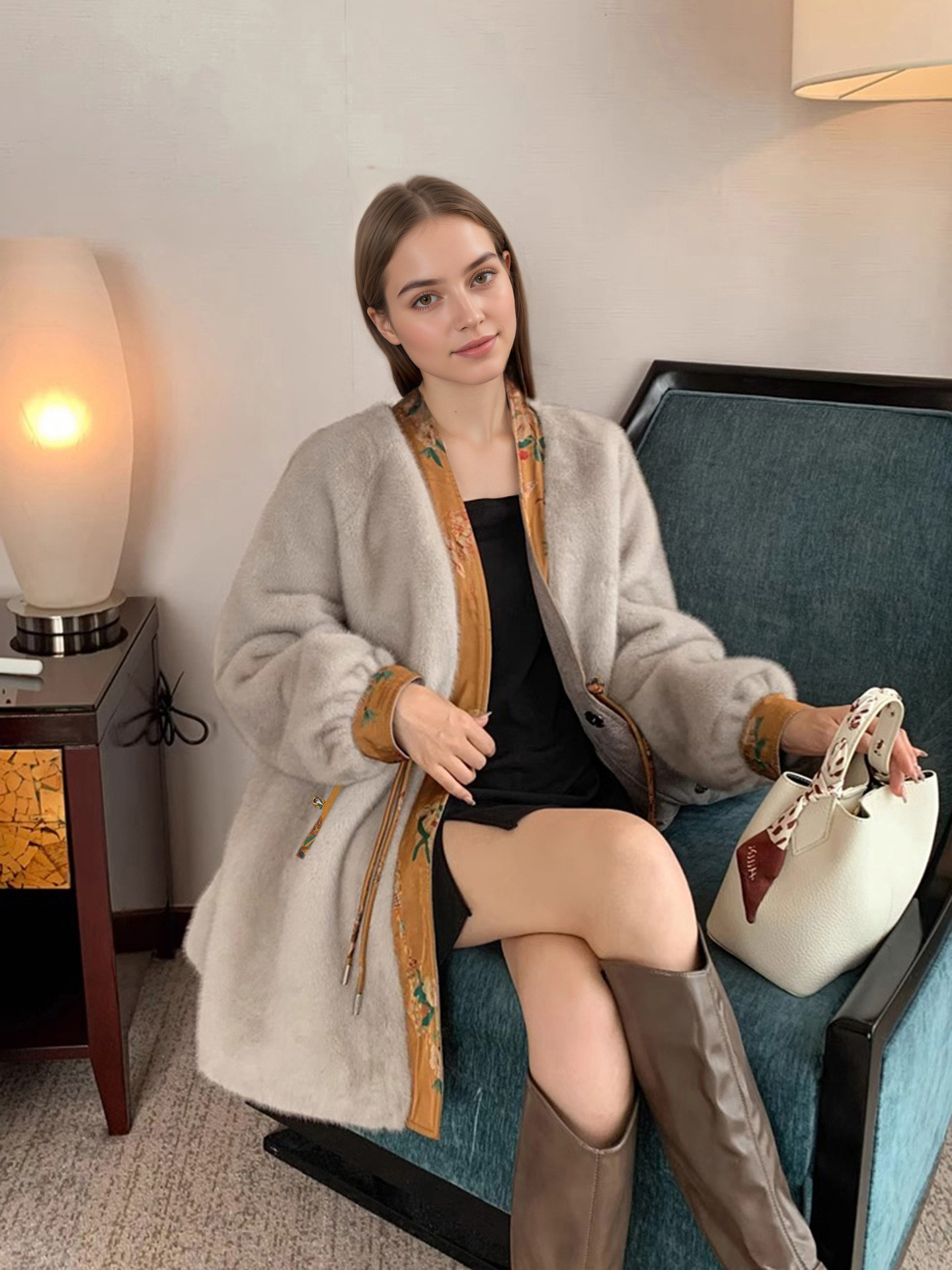 8413G41# High Quality Women's Sweater Imitation Faux Fur Cardigan Integrated Mother's Coat Winter Eco-friendly Jacket Can be Freely Matched