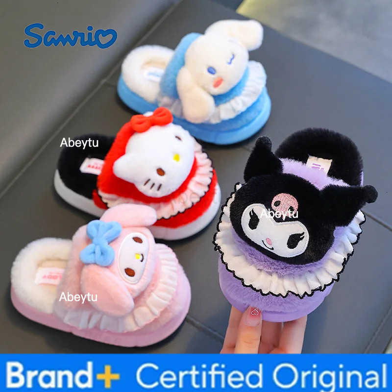 Sanrio 2025 Ladies Cotton Slippers Winter Home Kawaii Anime Cartoon Round Toe Casual Flat Warm Slippers H251230