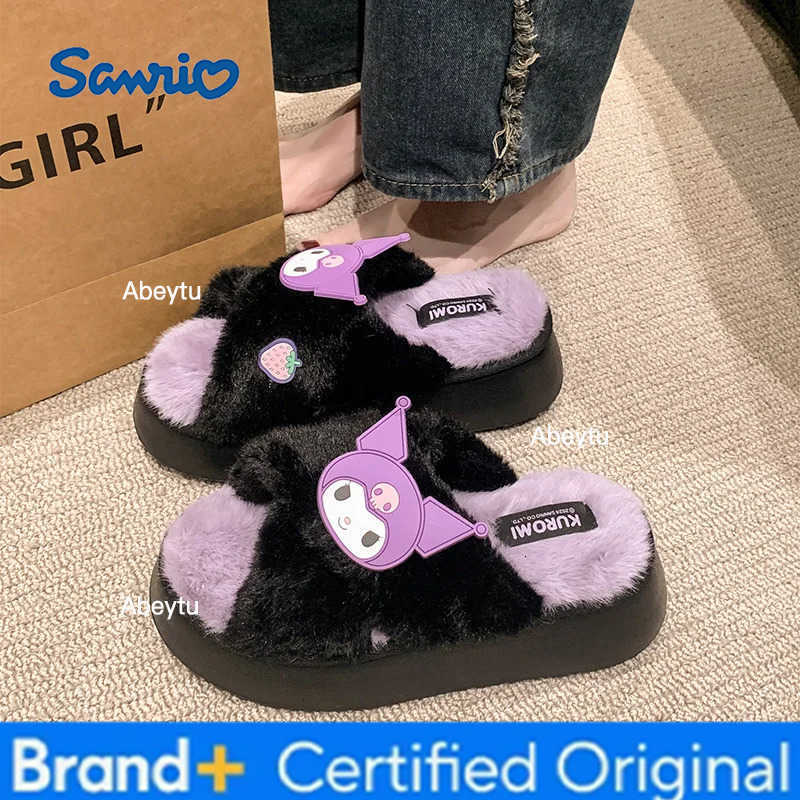 Sanrio Kawaii New Spring Autumn Plush Slippers Soft Anime Kuromi Cinnamoroll Hangyodon KT Women Home Thick-soled Non-Slip Shoes Gifts H251230