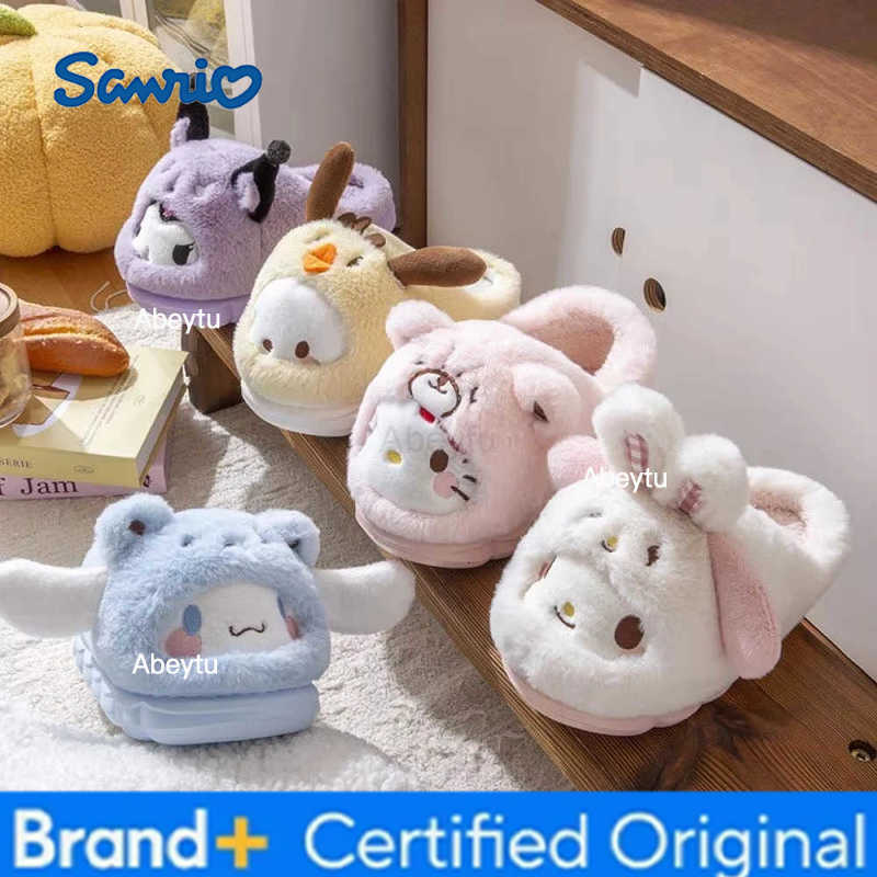 Sanrio Anime Winter Plush Slippers Kuromi Hello Kitty Cinnamoroll Sanrioed Kawaii Cartoon Cute Indoor Thicken Warm Home Slippers H251230