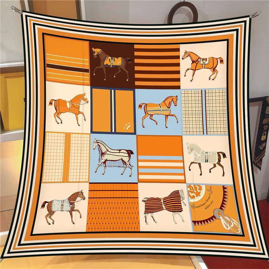 90Cm Twill Silk Scarf Shawl Luxury Checkered Horse Print Square Scarves Women Hijabs Bandana Foulard Head Neckerchief