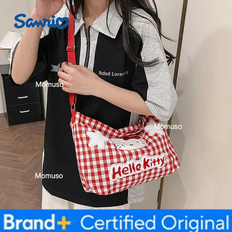 Sanrio Anime Hello Kitty Womens Shoulder Bags ladies cute cartoon plaid versatile shoulder tote bag Kawaii Canvas Handbag H251230