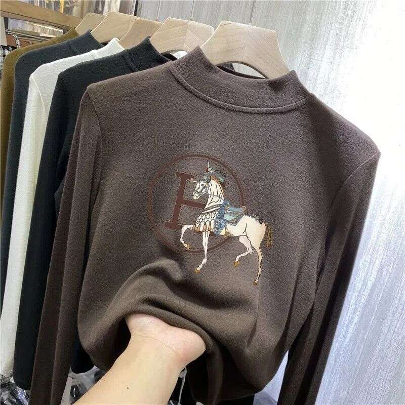 Double-Sided Thermal Half-Turtleneck Base Shirt For Women, Autumn And Winter New Thickened 2026 Designer Fashion Warm Long-Sleeve Brushed T-Shirt Inne