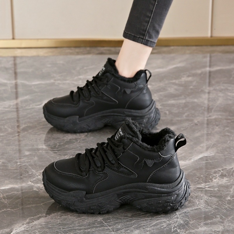 Women's All Black Fleece-Lined Dad Winter Hot-Selling Genuine Leather Waterproof Kitchen Work Non-Slip Sports Big Cotton Shoes ddmykukumalu ddmyk