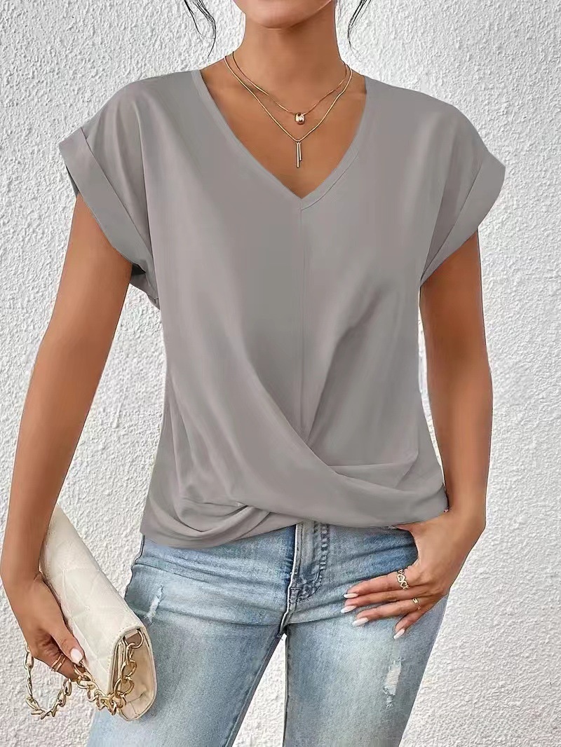 Sexy V Neck Short Sleeve Shirt Blouse Tops Office Lady Spring Summer Casual Loose Solid White Tshirt For Women Female Tees