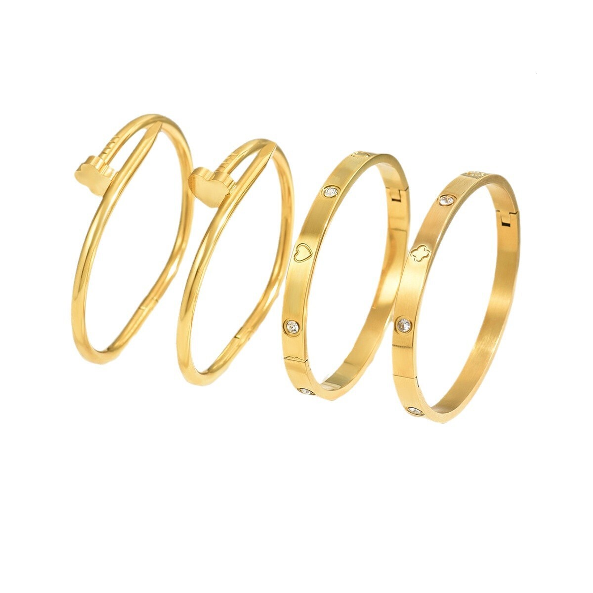 Luxury Brand Designer Jewelry Stainless Steel Gold Bracelet Set With Diamond-Studded Studs, Small Waist Four-Leaf Clover Gold Bangles, Light Luxury