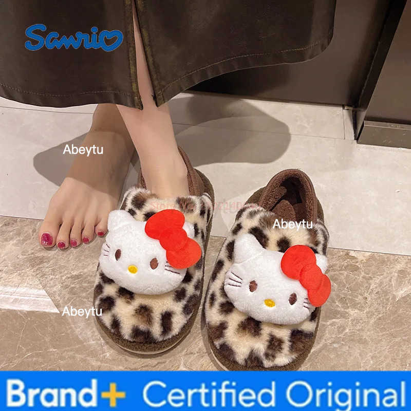 Sanrio Cartoon Hello Kitty Leopard Print Cotton Slippers Soft Comfortable Anime Winter Keep Warm Plush Slippers House Shoes Gift H251230