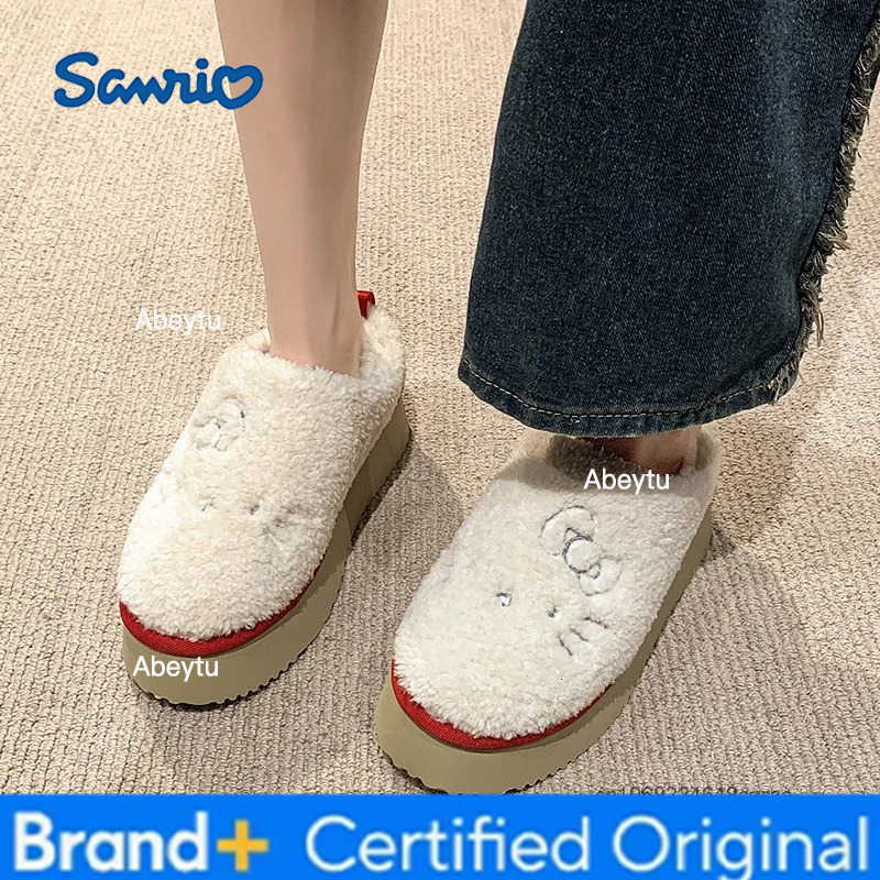 Sanrio Hello Kitty Sweet Plush Slippers Winter New Fashion Thick Sole Home Cotton Shoes Korean Version Trend Versatile Slippers H251230