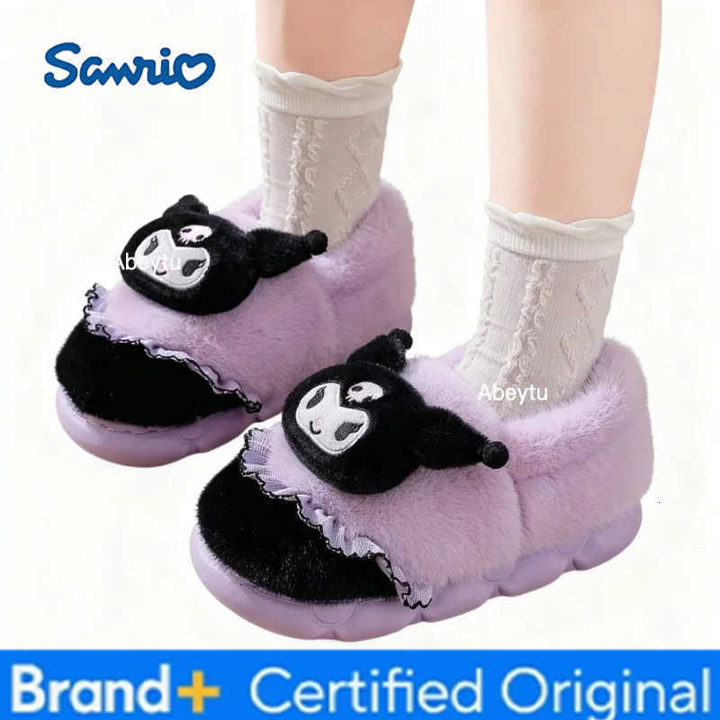 Sanrio Kids Slippers House Shoes Cartoon Kuromi With Heel Cover Winter Shoes For Girls Warm Anti-slip Pink Pruple Shoes Size 35-41 H251230