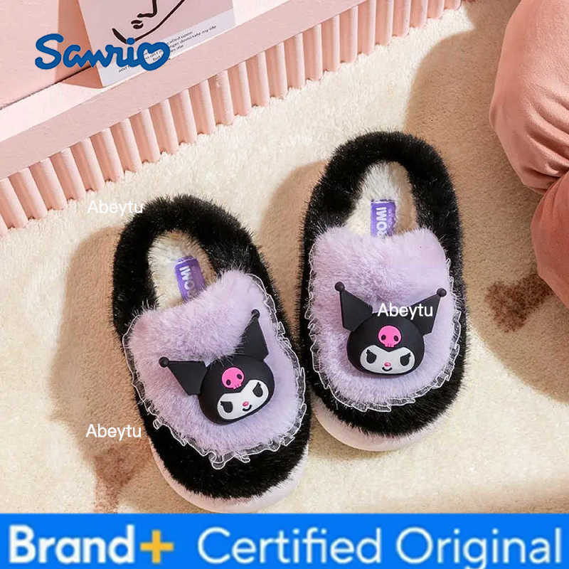 Sanrio Cartoon Female Warm Kuromi Cinnamoroll Women Plush Slippers Anime Hello Kitty Winter Thicken Home Slippers Kids Festival Gift H251230