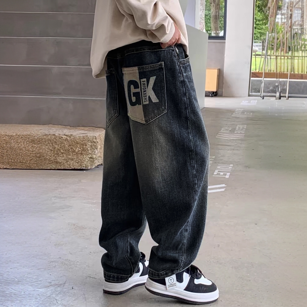 Boys' jeans for autumn and winter casual and versatile mid size children's new style rugged and handsome retro dark color trendy soft denim 