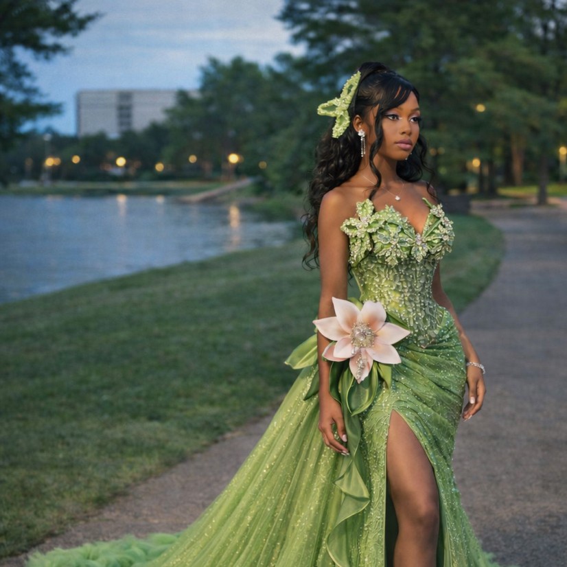 The Princess and the Frog Green Prom Evening Dresses For African Princess Sparkly Crystal Flower Sexy Split Black Girl Birthday Formal Gowns Reception
