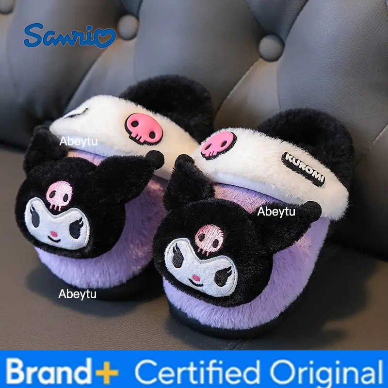 Sanrio Childrens Slippers Kuromi Childrens Cotton Shoes Girls Cute Princess Home Indoor Non-Slip Warm Parent-Child Furry Shoes H251230