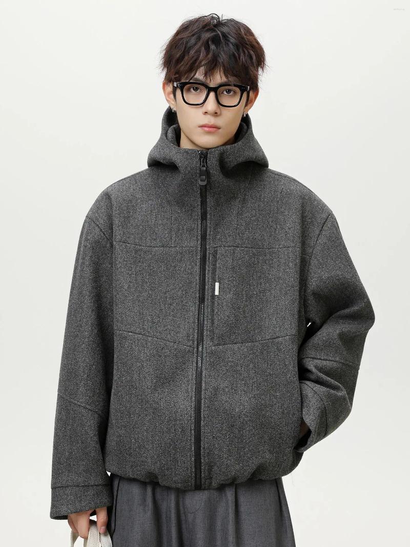 Men's Wool Old Rich Man's Busin Hair Jaet Special Wide Fit Long Sve Hooded Coat Pure Color Straight Hem Mid-Length Winter