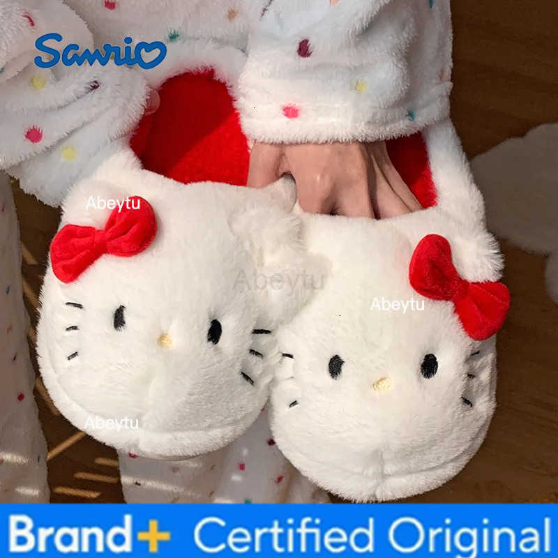 Sanrio Cartoon Women Plush Slippers Hello Kitty Home Anti Slip Autumn Winter Cute Girls Warm Home Indoor Cotton Slippers Gift H251230