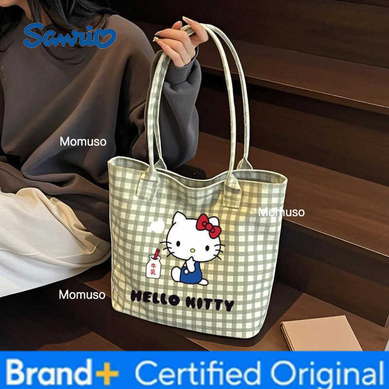 Sanrio Hello Kitty Womens Shoulder Bags Plaid shoulder handbags New Cat Kawaii Canvas Handbag cartoon-themed canvas tote bag H251230
