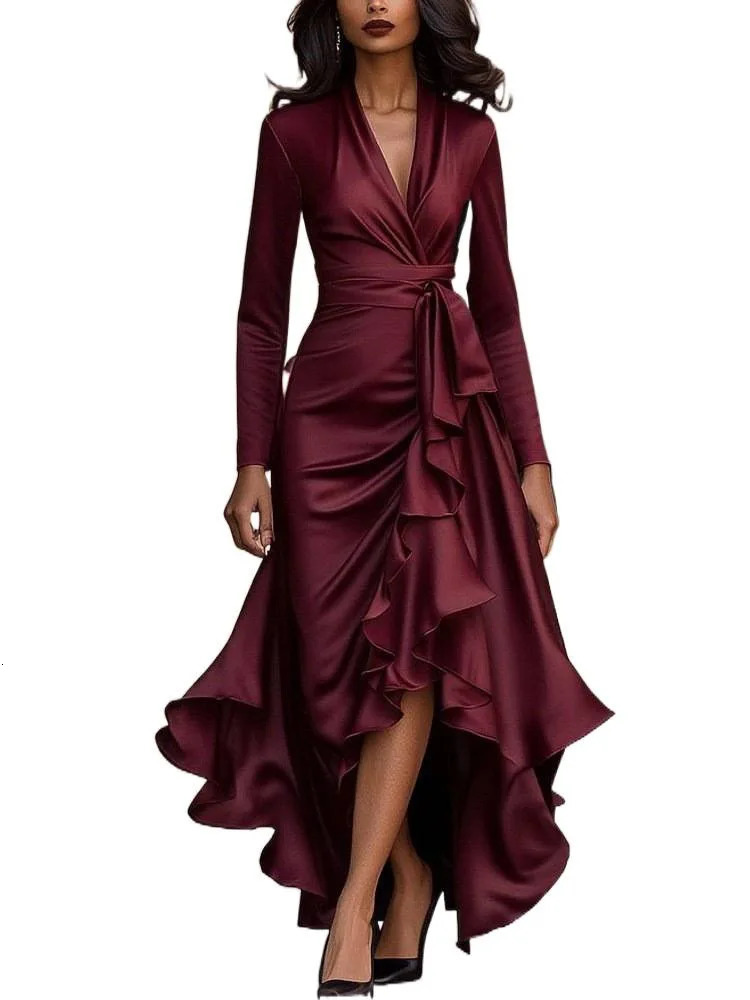 Elegant V-neck Waist-cinched Skirt Hem Long Sleeve Maxi Dress Street Style Polyester Fabric High Waist Regular Sleeve Length 251217