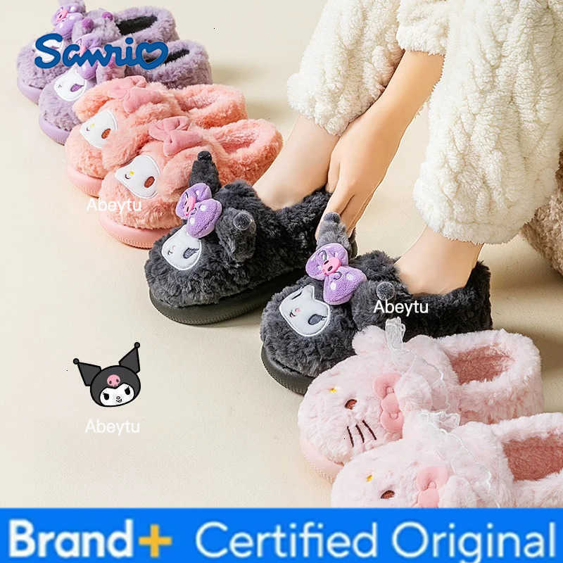 Sanrio Kids Slippers House Shoes Cotton Covered-heel Winter Shoes For Girls Warm Anti-slip Soft Bottom Black Pink Shoes Size 18cm-22cm H251230