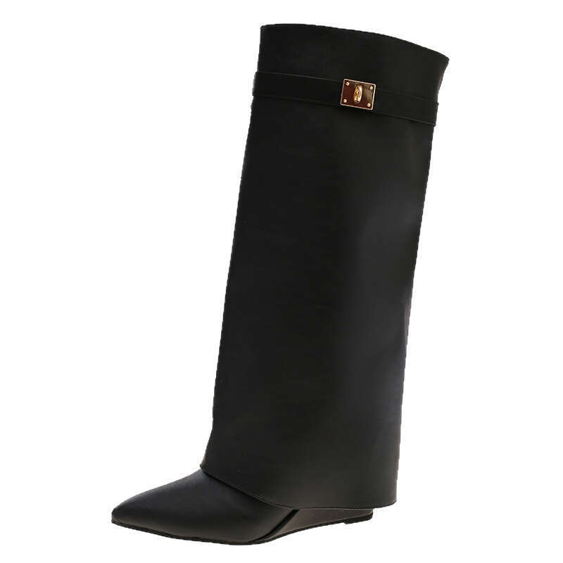 2025 Autumn Winter New Pointed Toe Large Tube Lock Shark Buckle Straight Mid-Calf Thick Heel Trouser Boots for Women