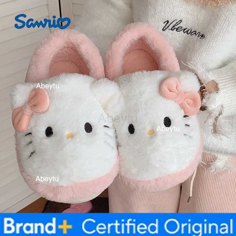 Sanrio Cartoon Women Plush Slippers Hello Kitty Home Anti Slip Autumn Winter Cute Girls Warm Home Indoor Cotton Slippers Gift H251230