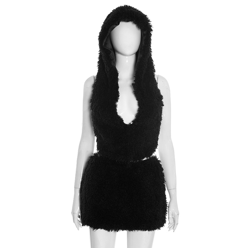 Women's Faux Fur U-Neck Hooded Backless Top and Mini Skirt Two-Piece Set