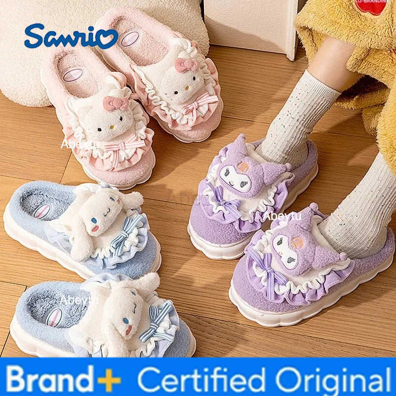 Sanrio Hello Kitty Fuzzy Slipper Anime Cartoon Cinnamoroll Kuromi My Melody Winter Plush Non Slip Slippers Cute Home Flat Shoes H251230
