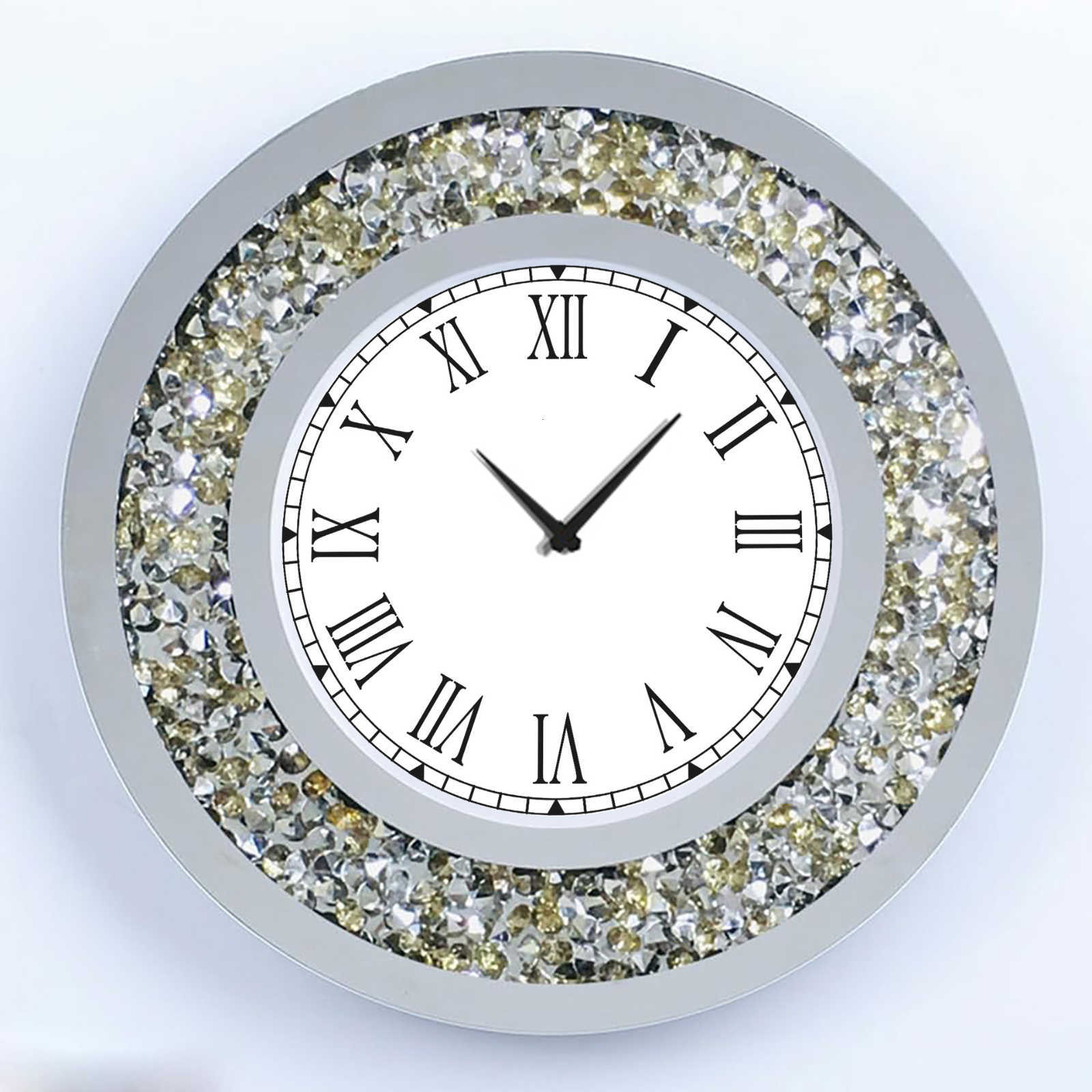LUVODI Wall Clock Mirror Clock Sparkle Bling Round Diamond Wall Clock with Silver Tawny Tinted Crystal Crushed W251028