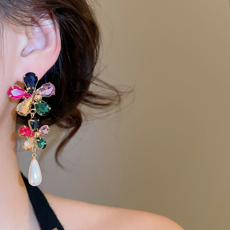 Real Gold Plated Diamond-Studded Flower Pearl Stud Dopamine Light Luxury High-End Earrings European and American Cross-Border Exaggerated Ear Jewelry - view 3