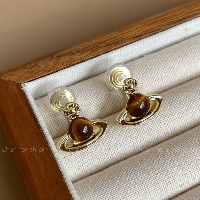 Luxury Brand Designer Jewelry Empress Dowager Style Saturn Zircon Earrings High-End Mosquito Coil Ear Clips Non-Pierced Women's Minimalist Earrin