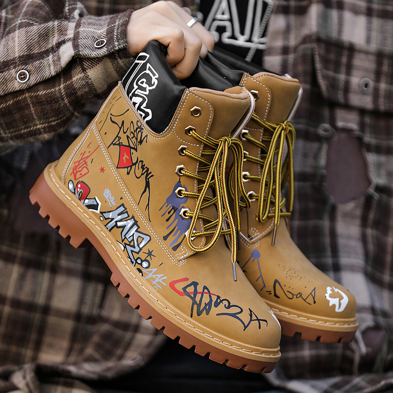 Hot new free shipping Martin Boots for mens boots yellow Fashionable and versatile PU British style denim boots graffiti Martin boots